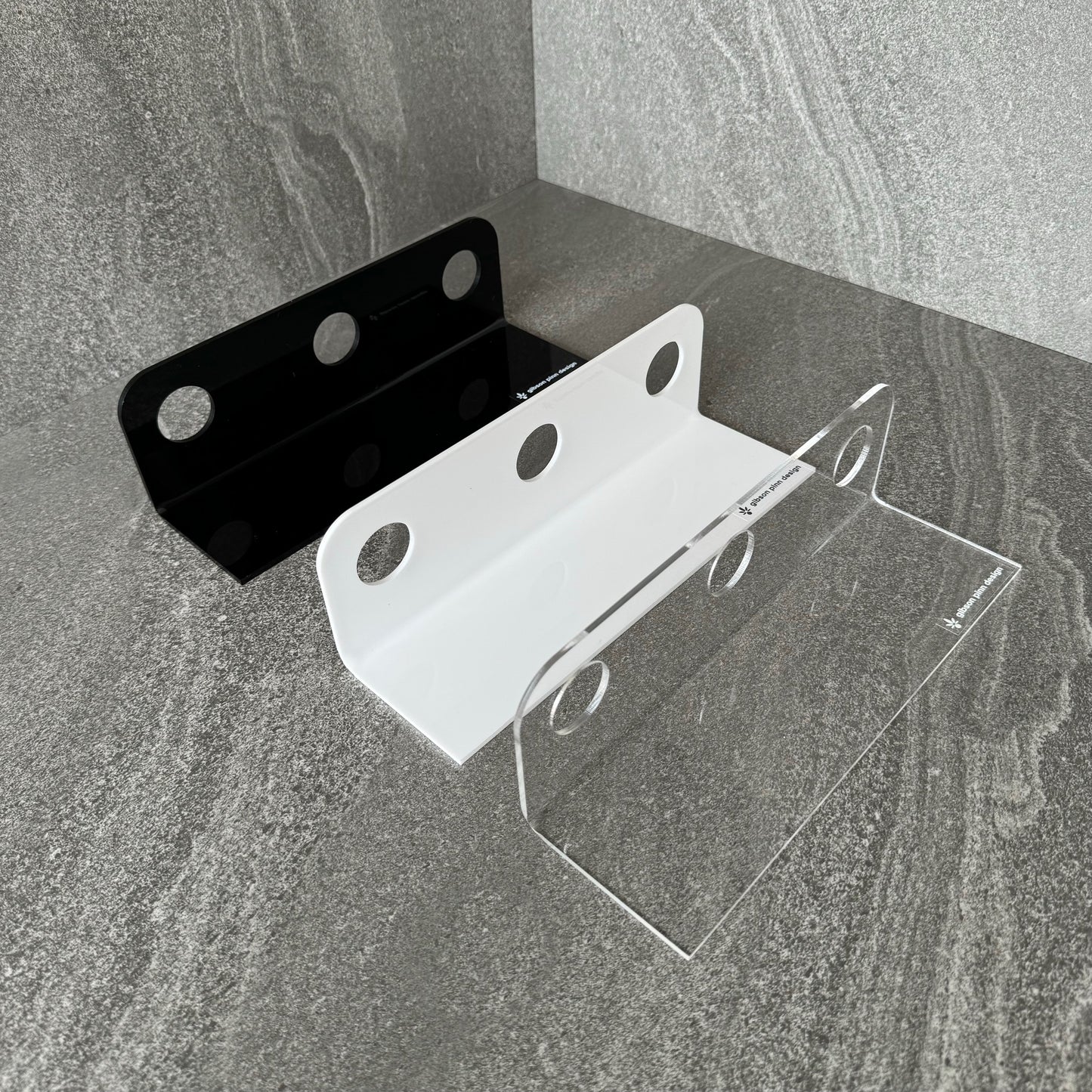 Triple Shower Soap Dispenser Holder | Acrylic Wall Mount Bracket, No-Drill, Tool-Free Install | Black, White or Clear (Bottles Not Included)