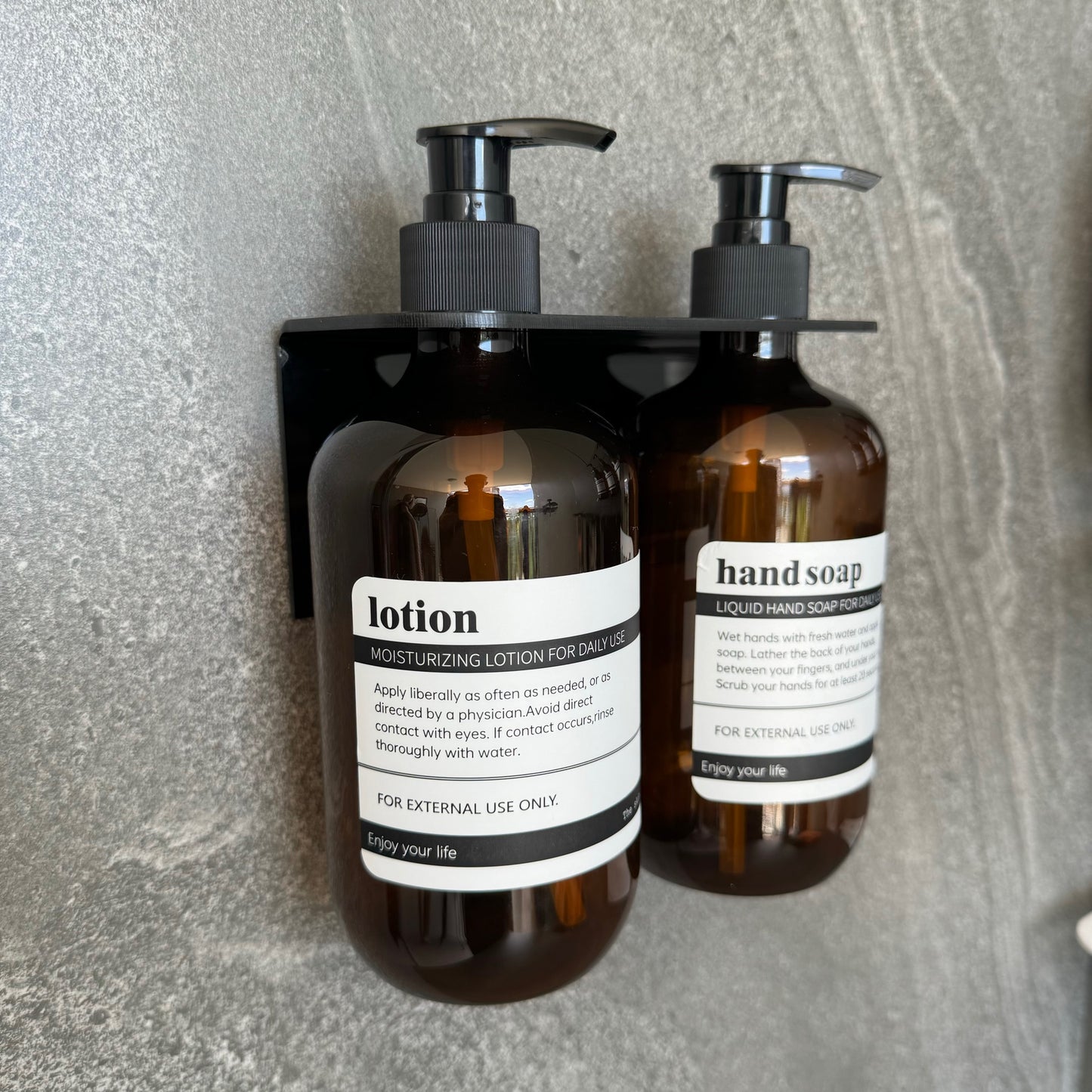 Double Basin Soap Dispenser Holder | Acrylic Wall Mount Bracket, No-Drill, Tool-Free Install | Black or White (Bottles Not Included)