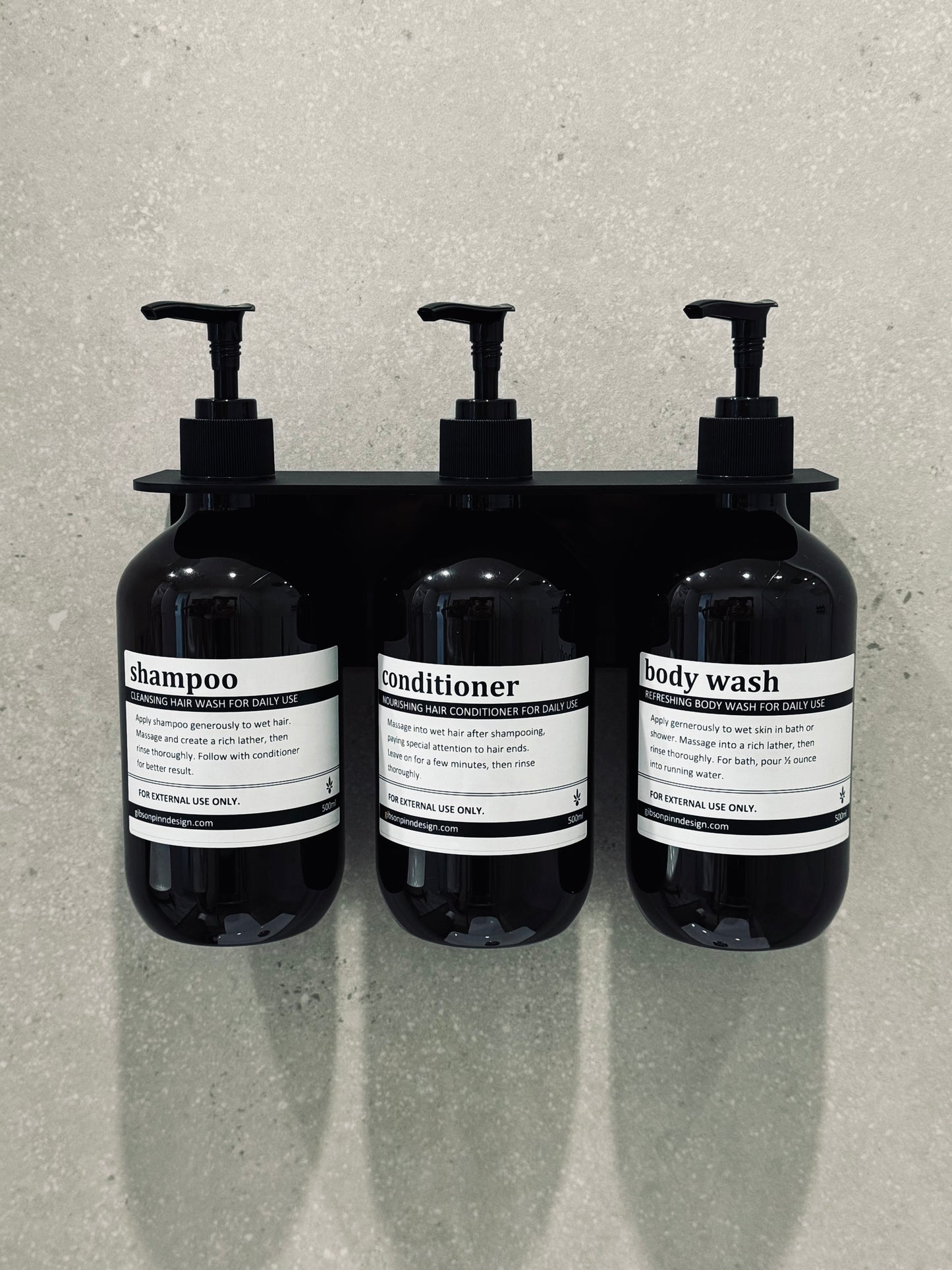 Triple Shower Soap Dispenser Set with Bottles | Acrylic Wall Mount, No-Drill, 3 x 500ml Pump Bottles | Black, White or Clear