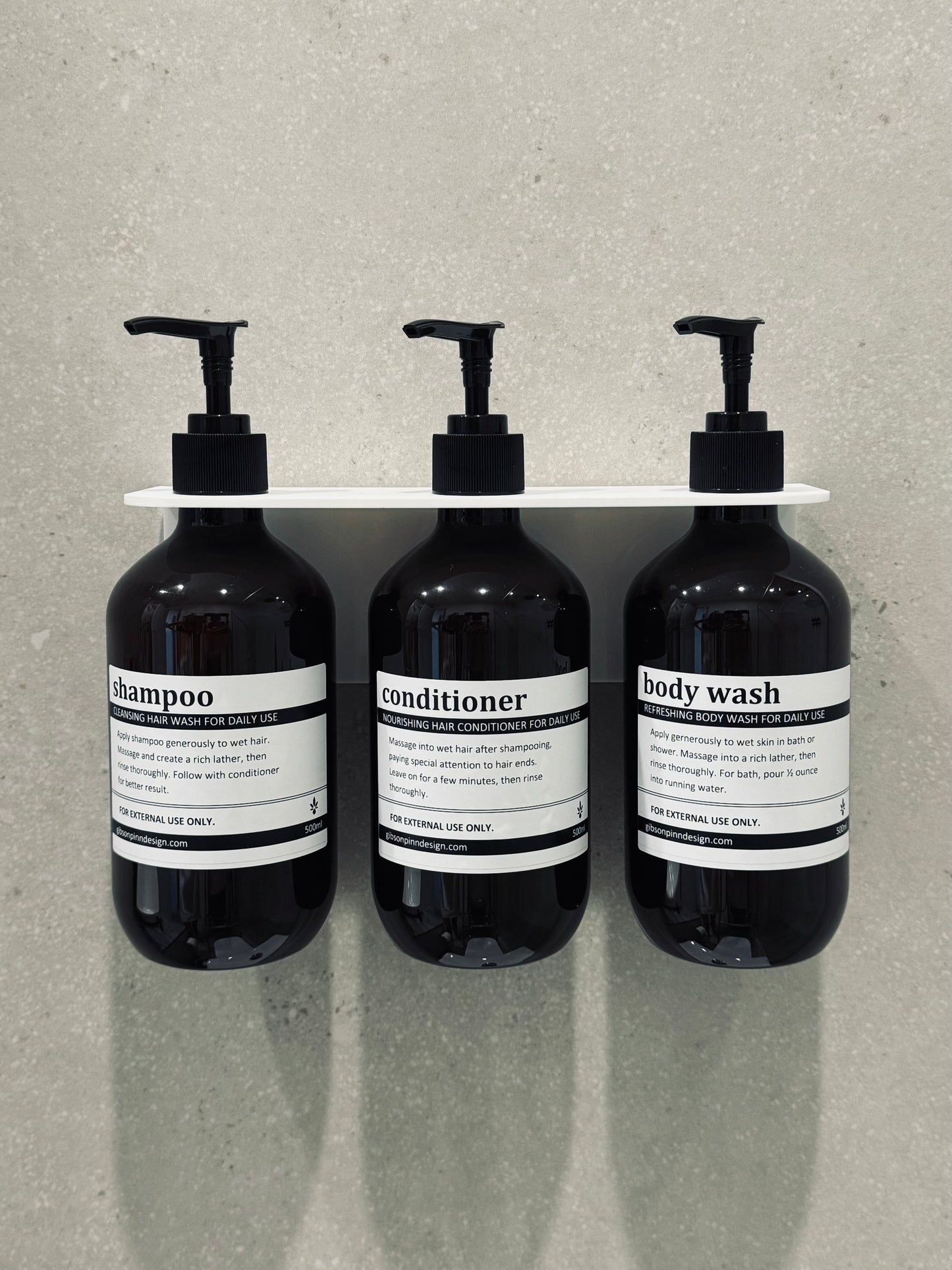 Triple Shower Soap Dispenser Set with Bottles | Acrylic Wall Mount, No-Drill, 3 x 500ml Pump Bottles | Black, White or Clear