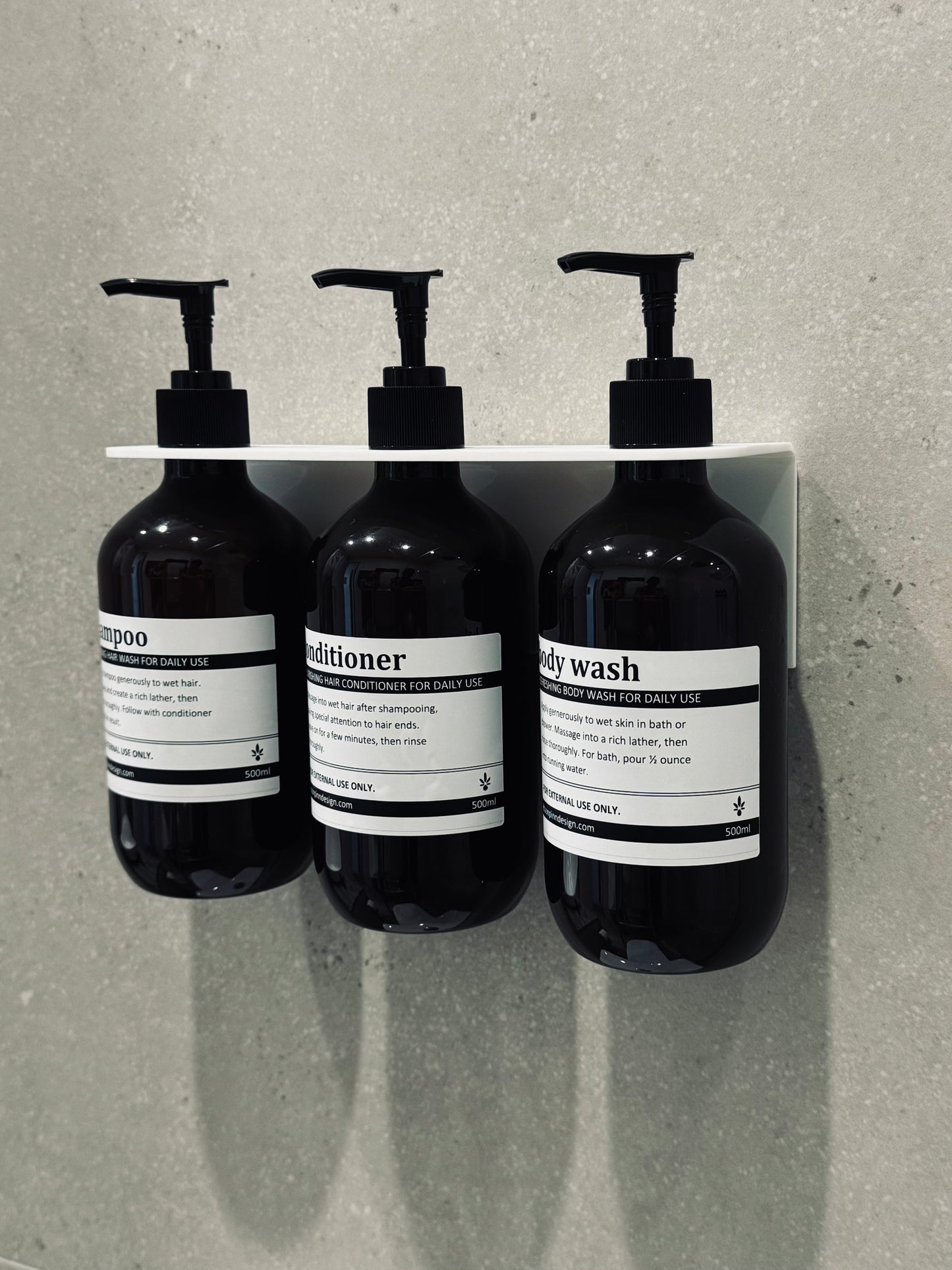 Triple Shower Soap Dispenser Set with Bottles | Acrylic Wall Mount, No-Drill, 3 x 500ml Pump Bottles | Black, White or Clear