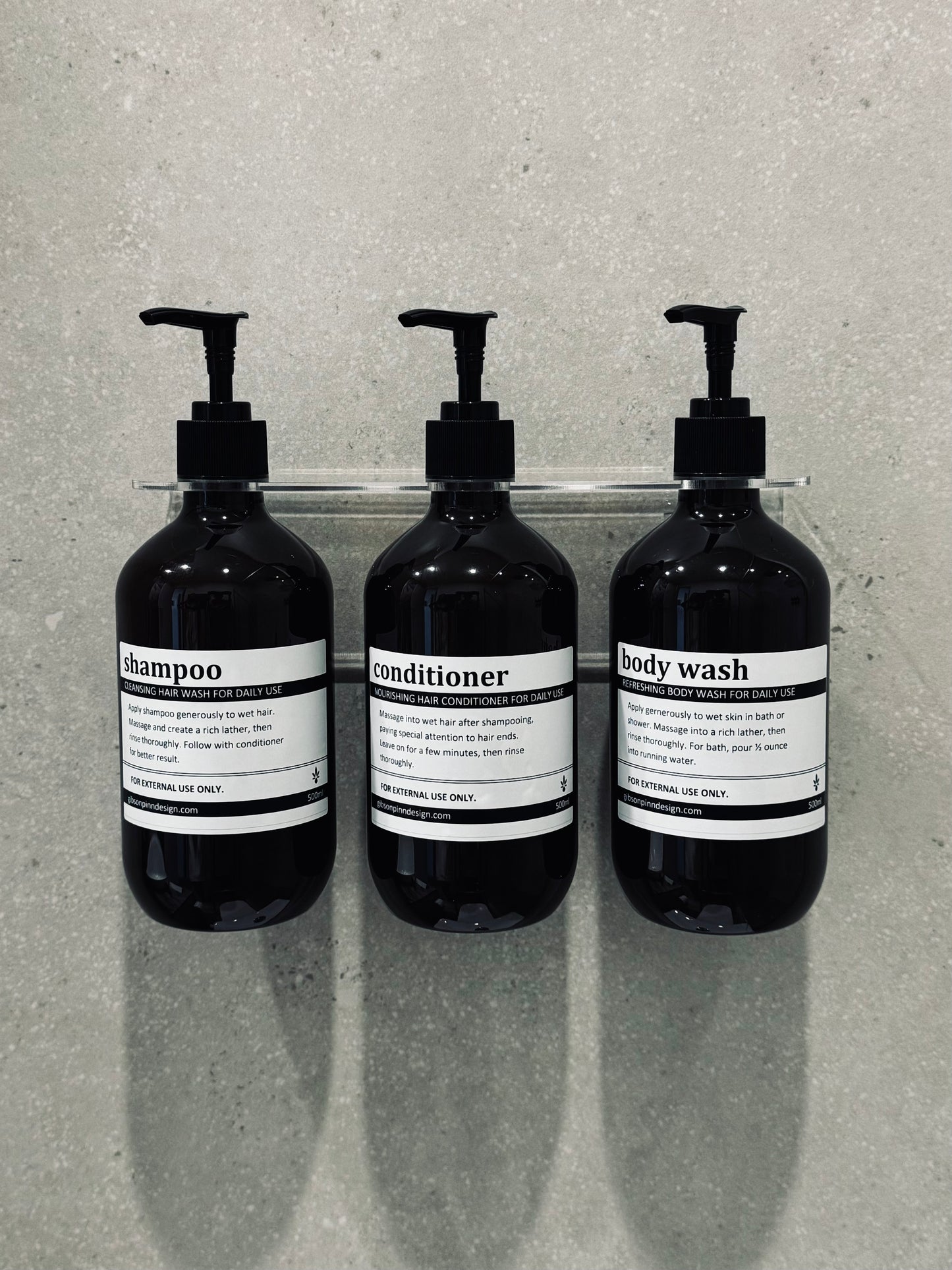 Triple Shower Soap Dispenser Set with Bottles | Acrylic Wall Mount, No-Drill, 3 x 500ml Pump Bottles | Black, White or Clear
