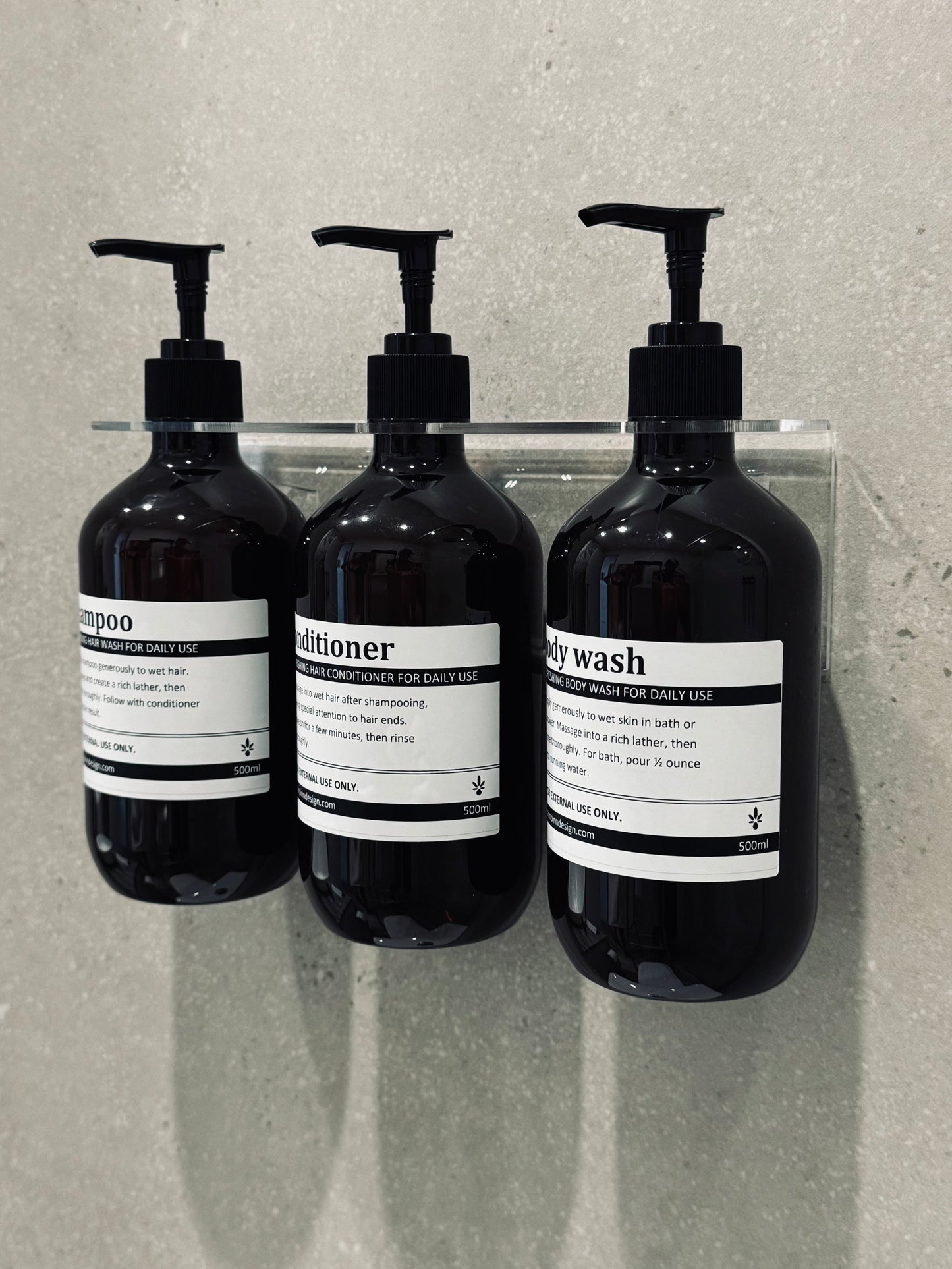 Triple Shower Soap Dispenser Set with Bottles | Acrylic Wall Mount, No-Drill, 3 x 500ml Pump Bottles | Black, White or Clear